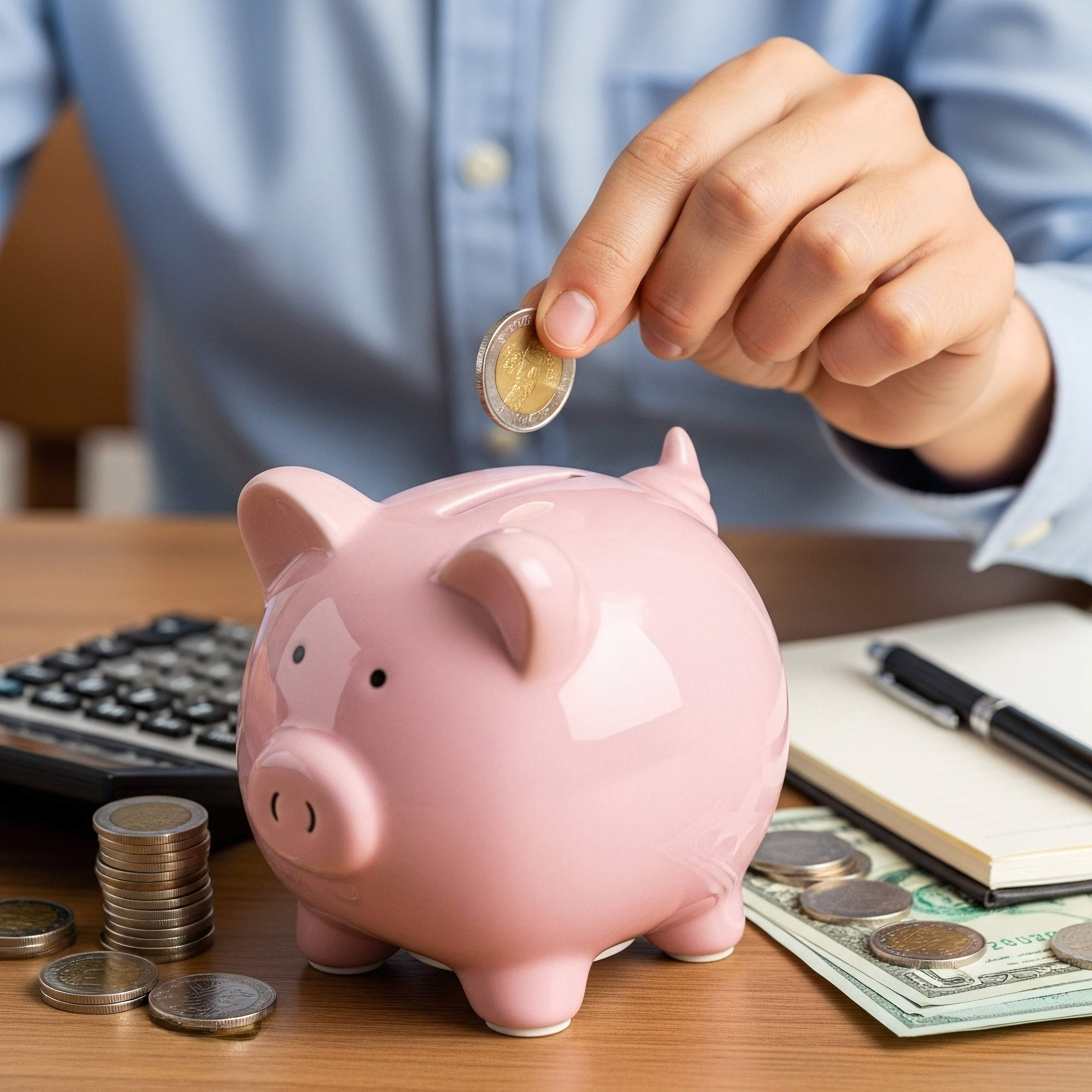 Hand inserting coin into piggy bank